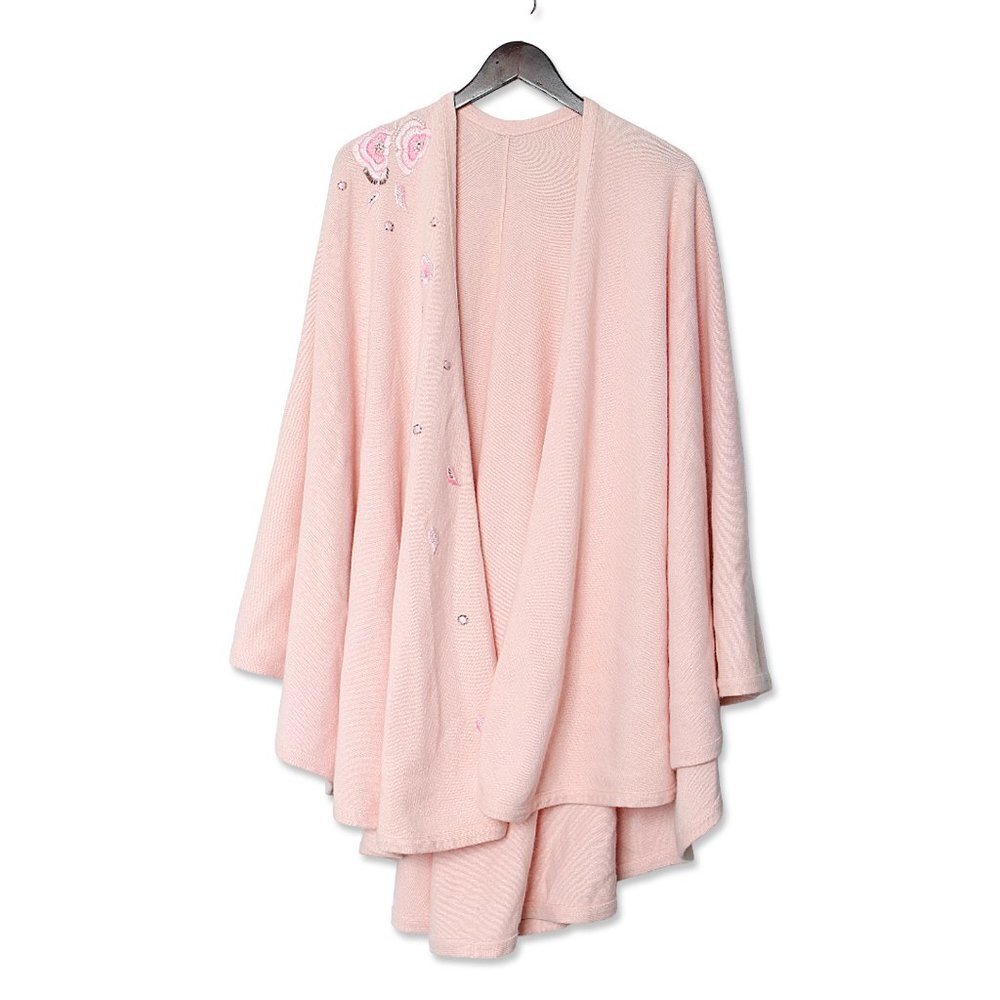 Vintage Pink Knit Cape Shawl Wrap Beaded Embroidered Poncho Cottagecore Grandma